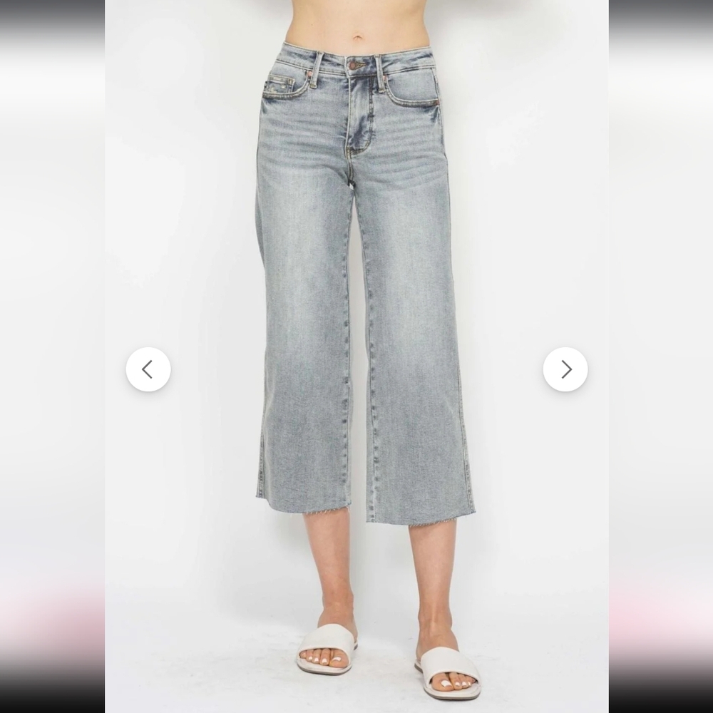 Judy Blue Mid Rise Tummy Control Raw Hem Wide Leg Crop Denim Jeans